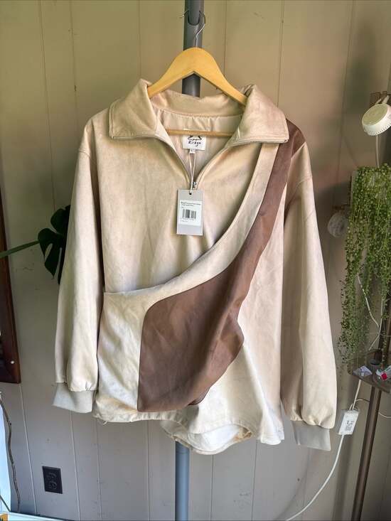 Ri!Kyu Other - Ri!Kyu Kangaroo Pouch Unisex Scuba Suede Pullover Jacket Beige Size L